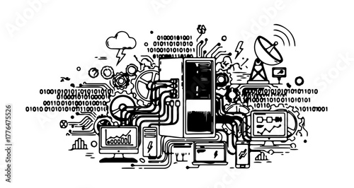 Complex network of technology and data, representing connectivity and communication