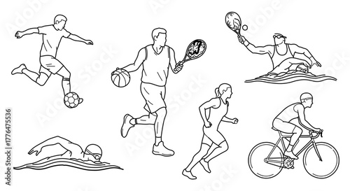 Line art illustration of various sports activities, showcasing athleticism and teamwork