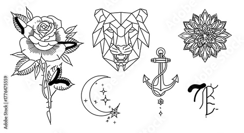 Collection of various tattoo designs in black and white perfect for tattoo artist