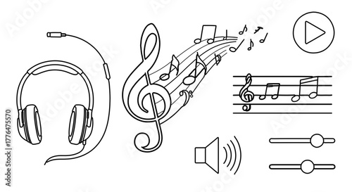 Music and audio elements, including headphones, notes, and sound controls