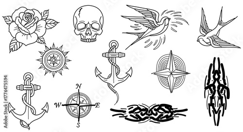 Set of vintage tattoo elements in black and white vector illustration