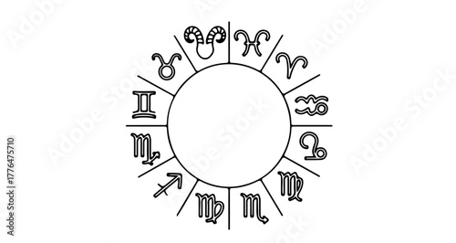 Zodiac circle with astrological symbols, a simple black and white line drawing