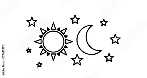 Outline drawing of sun, moon, and stars for coloring pages and designs