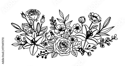 Elegant floral arrangement with roses, lilies, and foliage