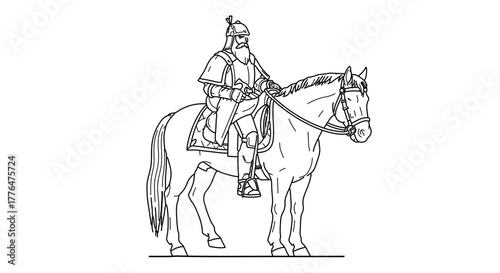 Illustration of a medieval knight on horseback, in black and white drawing