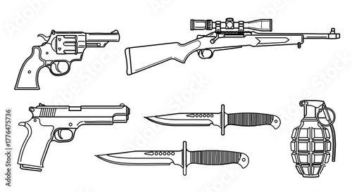 Line art illustration of various weapons including guns, knives, and a grenade