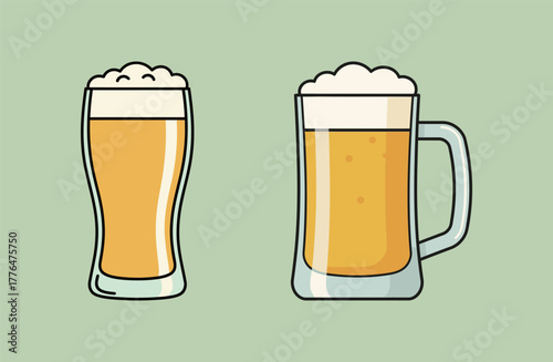 Beer Mugs and Glasses Set with Foam Alcohol Drink Flat Vector Illustration