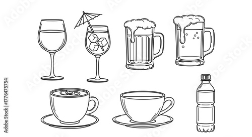 Hand drawn sketch of various drinks, including beer, wine, coffee and water