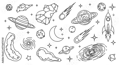 Line art illustration of space objects including planets, stars, comets, and a rocket