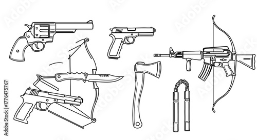 Hand drawn sketch of various weapons