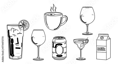 Hand drawn sketch of various drinks, including cocktails, wine, coffee and juice