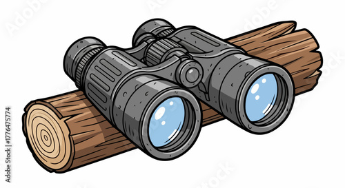 Binoculars on log, outdoor exploration, nature viewing