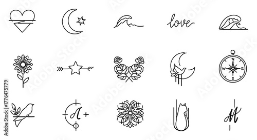 Collection of hand drawn minimalist tattoo elements, including heart, moon and star