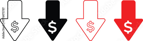 Cost reduction icon price lower arrow. Save Money symbols. Price Reduction sign. Money Saving Graphic designs. Cost Cutting Icons
