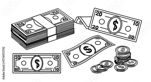 Black and white drawing of money and coins, symbolizing wealth and financial success