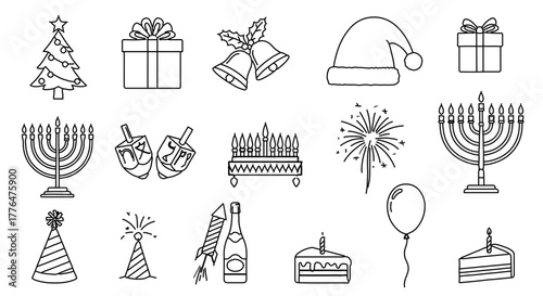 Collection of holiday icons, featuring christmas, hanukkah, and new year elements