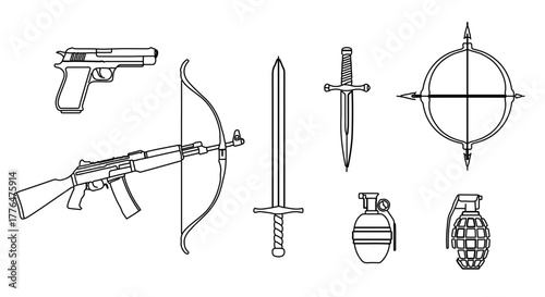 Collection of weapon and combat equipment for military themed designs