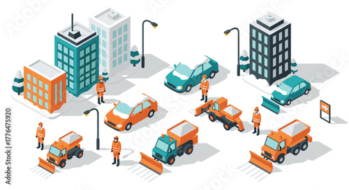 Isometric winter city scene with snowplows and cars
