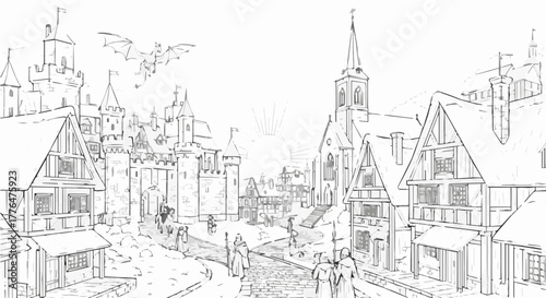 Detailed sketch of a medieval town with a dragon flying overhead
