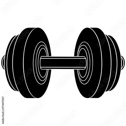 Isolated black silhouette of a single dumbbell on a white background representing fitness and strength training