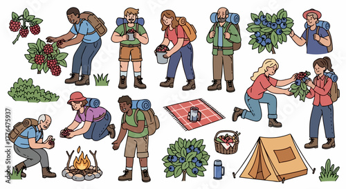Berry picking hikers camping outdoors in nature