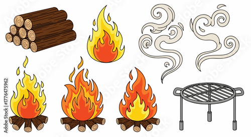 Campfire elements with logs, flames, and grill