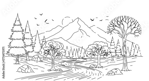 Scenic mountain landscape with trees and river, perfect for coloring books and nature lovers