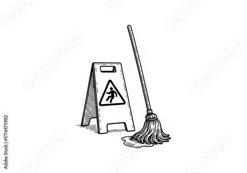 Mop hand drawn simple engraved vector illustration
