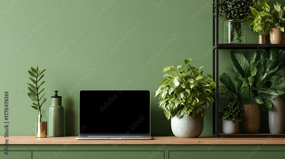 Fototapeta premium Minimalist Home Office Workspace with Laptop and Plants