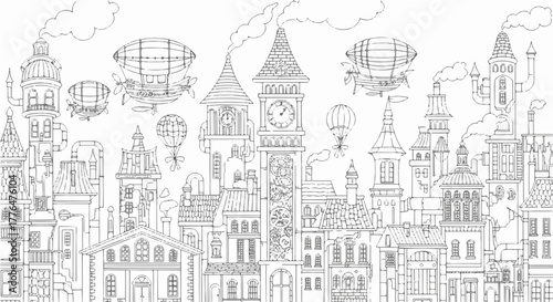 Steampunk city with airships, hand drawn vector illustration of a cityscape