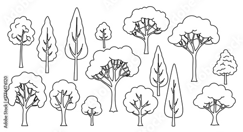 Collection of various tree outlines, including broadleaf and coniferous species