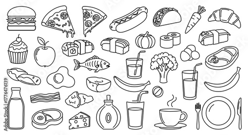 Collection of various food and drink outlines, including fast food, fruits, and beverages