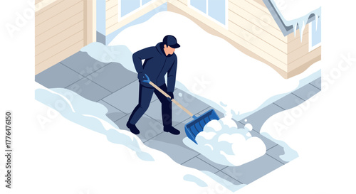 Isometric winter scene person shoveling snow from sidewalk near house