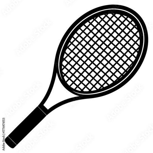 Simple black silhouette illustration of a tennis racket perfect for sports and fitness designs