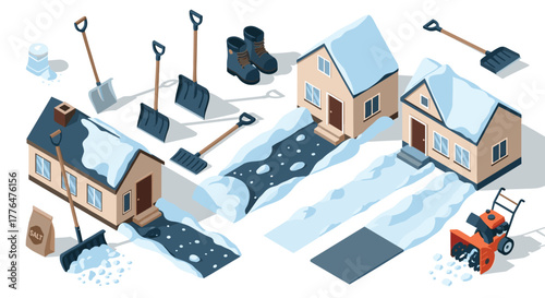 Snowy winter landscape with shovels and snowblower for seasonal home maintenance