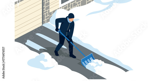 Winter isometric design of person shoveling snow on driveway