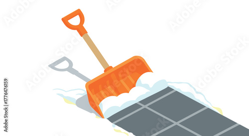 Isometric snow shovel on walkway removing winter snow