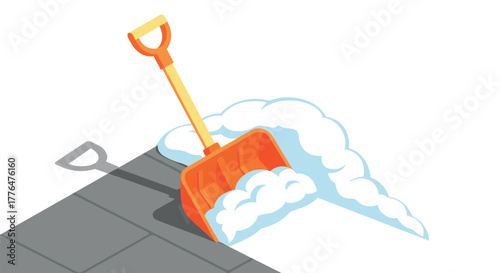 Isometric shovel clearing snow on pavement in winter scene