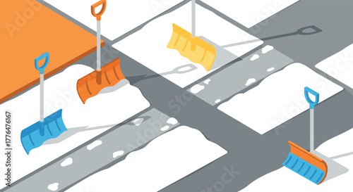 Colorful snow shovels in modern isometric street scene