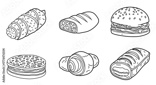 Hand drawn illustration of various savory pastries sausage roll, sandwich, and more
