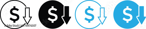 Cost reduction icon price lower arrow. Save Money symbols. Price Reduction sign. Money Saving Graphic designs. Cost Cutting Icons
