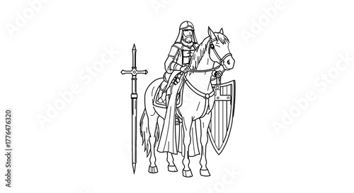 Hand drawn illustration of a knight on horseback with a sword and shield