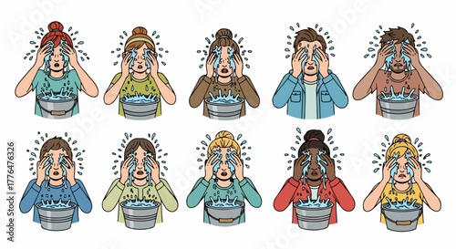 People splashing faces with water for skincare routine