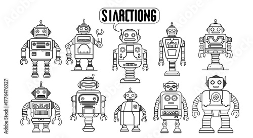 Collection of ten different retro robots, each with unique design and features