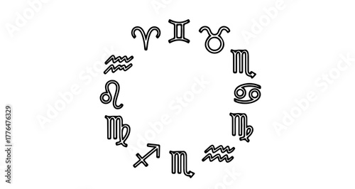 Zodiac signs in a circle, astrology symbols, horoscope
