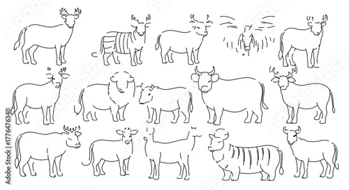 A collection of various farm animals in a simple line drawing style