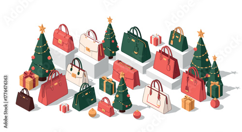 Festive holiday scene with handbags and christmas trees in isometric style