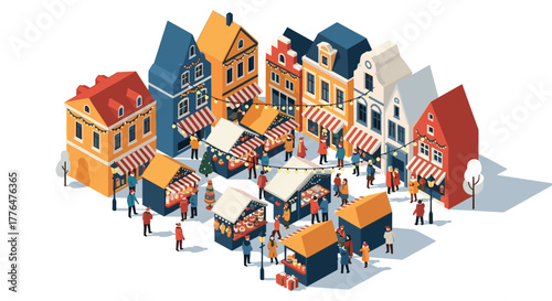 Isometric holiday market scene with colorful buildings and festive stalls