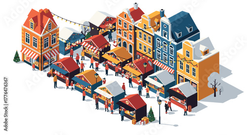 Festive christmas market scene with colorful stalls and holiday decorations in winter village