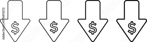 Cost reduction icon price lower arrow. Save Money symbols. Price Reduction sign. Money Saving Graphic designs. Cost Cutting Icons
